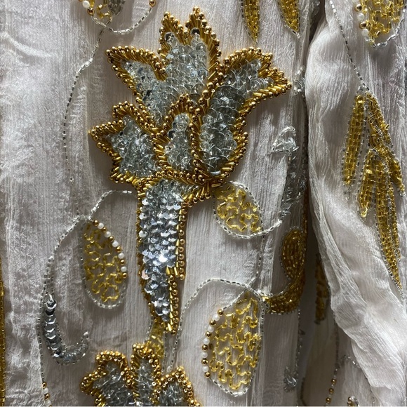 Vintage Rina Z beaded sequin silk jacket sz L Cream Silver Gold Floral -RARE- - Picture 5 of 14